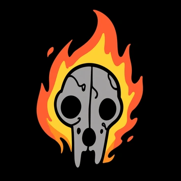 A detailed representation of a dog skull centered in the image. The skull appears weathered with visible textures on the surface, showcasing cracks and details. Surrounding the skull are bright, dynamic flames that engulf it, with vivid shades of orange, yellow, and hints of red creating a powerful contrast against the bone. The flames flicker and dance around the skull, giving a sense of movement and energy. The background is dark to enhance the brightness of the flames and the details of the skull.