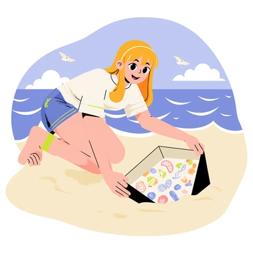 Nami exploring a beach, discovering a mysterious illustrated box half-buried in the sand.