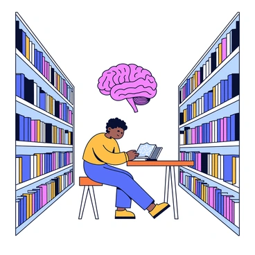 A brain growing larger with each book a person reads, sitting in a library