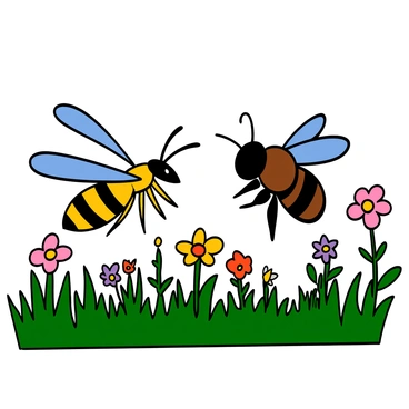 A hornet with a sleek, elongated body and bold yellow and black stripes is hovering aggressively, its wings spread wide. Opposite the hornet, a honeybee with a rounder body covered in soft brown and black fur is positioned defensively, with its wings buzzing rapidly. The meadow is filled with vibrant green grass and colorful wildflowers, providing a natural backdrop for their confrontation. Both insects have their antennae raised and are focused on each other, highlighting the tension of their territorial standoff.