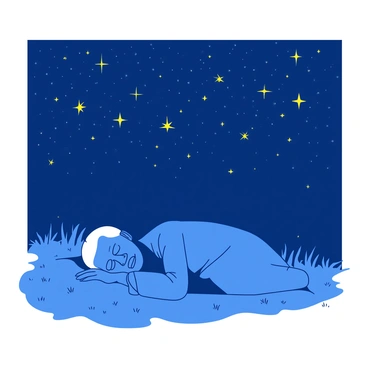 An illustration of a dark blue landscape showing “Nelson Mandela” peacefully sleeping on the grass. His head is resting on his folded arms, and he has a gentle smile on his face. Above him, the night sky is filled with countless twinkling stars, with vibrant yellow symbols of peace scattered throughout the celestial display. The grass surrounding him is illuminated by the soft glow of the stars, creating a serene atmosphere in the scene.