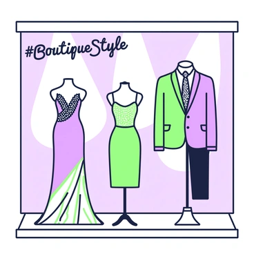 A stylish boutique window display with glamorous evening wear and the hashtag #BoutiqueStyle