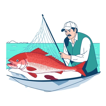 A red snapper fish is caught in a white fishing net, its bright scales glistening under the light. The fishing net is taut, with the fish's body partially entangled. A concerned fisher is leaning over the edge of a small boat, peering into the net. The fisher has a focused expression, wearing a teal fishing vest and a white cap. The background features a calm body of water with a hint of shoreline visible.