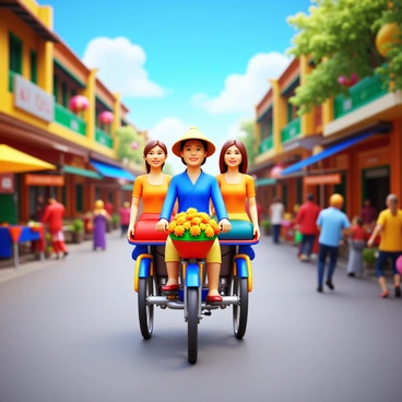 A cyclo driver in traditional attire, wearing a conical hat, is pedaling a colorful cyclo. The cyclo is adorned with bright flowers in the front basket. Two passengers are seated comfortably in the back, smiling as they take in the sights. The vibrant streets of Hanoi are filled with bustling markets, street vendors, and lively crowds. Brightly colored buildings line the streets, and the air is filled with the aroma of local street food. A beautiful blue sky overhead completes the scene.