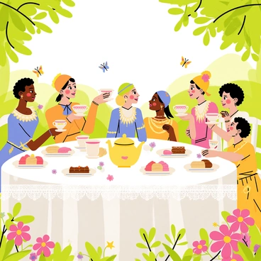A whimsical tea party set in a lush green garden filled with colorful flowers and vibrant greenery. The table is covered with a white lace tablecloth, adorned with an assortment of delicate china teacups and plates filled with an array of pastries and sandwiches. Elegantly dressed attendees are seated around the table, wearing bright, patterned dresses and playful hats. Some guests are holding teacups, while others are engaged in cheerful conversation. A large, ornate teapot sits at the center of the table, and butterflies flutter around, adding to the enchanting atmosphere.