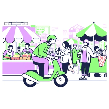 A moped delivery driver is weaving through a crowded market street. The driver is wearing a green helmet and a jacket, sitting on a green-and-purple moped. On the left side of the street, there is a stall selling fruits, displaying various produce in baskets. To the right, a stall features colorful textiles draped over the table. Pedestrians are visible, some carrying bags and others chatting. The market background is filled with umbrellas and bright displays from multiple stalls, creating a bustling atmosphere.