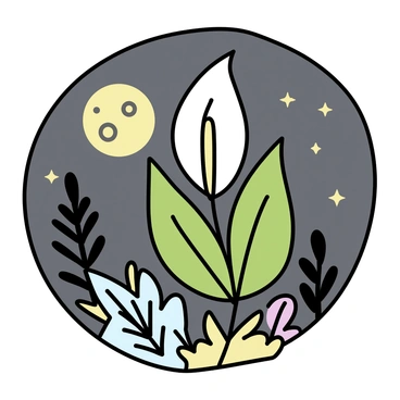 A peace lily with broad, glossy green leaves and a single elegant white flower is positioned in a small, tranquil garden. The flower is softly illuminated by the moonlight, creating a gentle glow around it. Surrounding the peace lily are various other plants with subtle shapes and shades, contributing to the serene atmosphere. The background features a dark night sky, with faint outlines of trees and a soft, muted texture to suggest the calmness of the night.