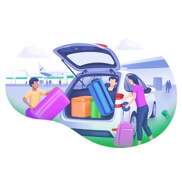 A family loading their luggage into the trunk of their car at the airport