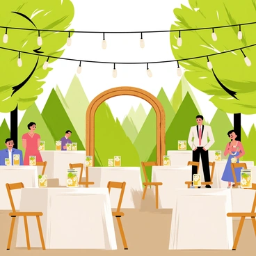 A rustic wedding reception set outdoors, surrounded by lush green trees and vibrant foliage. The area is decorated with wooden tables and chairs, featuring beautiful floral arrangements in mason jars. String lights are hung above, casting a warm glow over the scene. A wooden arch adorned with white flowers stands at one end of the reception, ready for the ceremony. Soft white tablecloths are draped over the tables, complementing the natural scenery. Guests are seated, enjoying the lovely atmosphere created by the combination of nature and rustic decor.