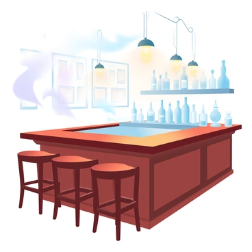An old-fashioned bar is filled with warm light coming from vintage lamps hanging from the ceiling. Wooden bar stools are arranged around a polished wooden bar counter. The counter has an assortment of glass bottles filled with various spirits, reflecting the light. In the air, wisps of "cigarette smoke" are drifting lazily, creating a soft haze. A shelf behind the bar is stocked with more bottles, and there are framed black and white photographs hanging on the walls.