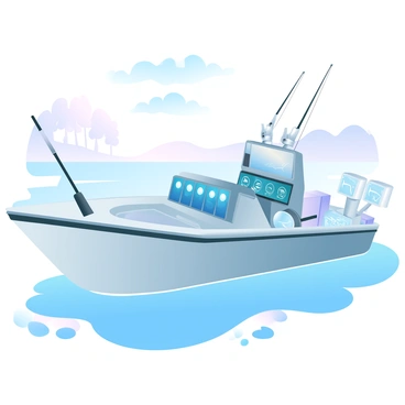 A high-tech fishing barge floats on calm waters, designed with a sleek, modern hull. The barge is equipped with advanced sonar systems prominently displayed on the deck, featuring multiple screens showing underwater topography and fish locations. Navigation systems are integrated into the controls at the helm, with glowing indicators and data readouts. Large fishing rods are mounted on the sides of the barge, while nets and tackle boxes are organized neatly. The background reveals a distant shoreline with silhouetted trees under a gradient of pastel colors in the sky.