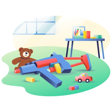 A colorful toy machine gun is lying on a child's playroom floor, surrounded by various other toys. The machine gun is bright blue with red and yellow details, and it features a playful design suitable for children. Scattered around it are a plush teddy bear with a brown coat, a red toy car, and building blocks of different shapes and colors. The playroom has a vibrant green carpet, and a small table with art supplies is visible in the background. Sunlight streams through the window, illuminating the playful scene.