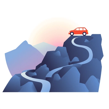 A silhouette of a car is ascending a steep mountain path. The car is positioned prominently in the foreground, with its shape defined against the early morning sky. The mountain path is winding, steep, and rocky, demonstrating the challenging terrain. In the background, the dawn sky transitions from deep indigo to soft shades of orange and pink, indicating the coming sunrise. The mountain peaks are outlined against the lightening sky, creating a sense of height and majesty. The scene captures the essence of adventure and determination.