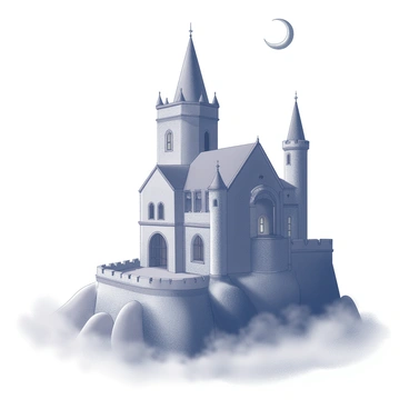 A gothic castle with tall, pointed towers and intricate stone carvings sits atop a misty hill. The structure features arched windows and a large, central entrance adorned with heavy wooden doors. Surrounding the castle, wisps of mist curl around the base of the hill, creating an ethereal atmosphere. Above, a crescent moon casts a subtle glow, illuminating the silhouette of the castle against the night sky. The scene conveys a sense of grandeur and mystery, with the castle standing strong amidst the swirling mist.