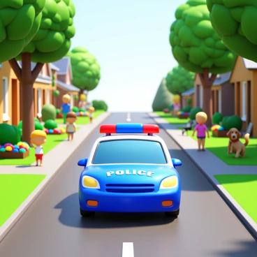 A 3D police car with a glossy blue and white finish, featuring a bright red and blue light bar on top. The police car is moving down a tree-lined street in a quiet suburban neighborhood. Lush green lawns flank both sides of the road, with charming single-family homes having colorful flowerbeds in front. A few children are playing on the sidewalks, while a dog watches curiously from a yard. The sun is shining brightly, casting clear shadows on the street.