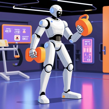 A futuristic robot with a sleek metallic body is positioned in a high-tech gym. The robot has articulated limbs and glowing blue accents. It is mid-swing, lifting a bright orange kettlebell with precision. The background features advanced gym equipment, including a digital scoreboard and automated fitness machines. Neon lights illuminate the space, reflecting off the robot's surface, creating a vibrant atmosphere.