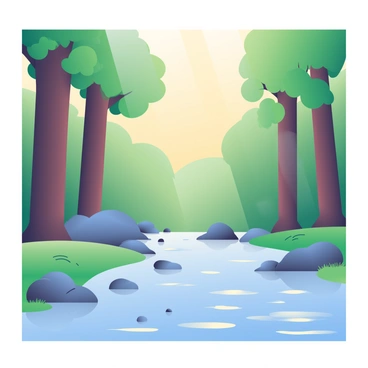 A tranquil stream flowing through a forest, reflecting an amber-tinted sky