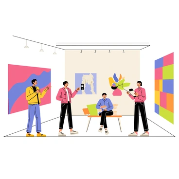 Millennials admiring vibrant artworks at a contemporary art exhibition