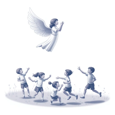 A vintage angel is hovering gracefully above a group of children playing joyfully in a wide field. The angel has large, outstretched wings that appear intricately detailed, and a serene expression on its face. The children are varied in age and ethnicity, engaged in different activities such as running, jumping, and playing games together. The field is filled with gently swaying grass and a few scattered wildflowers. The scene conveys a sense of innocence and joy, with the angel's hands raised in a blessing gesture over the children.