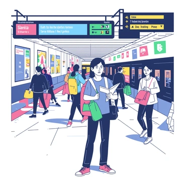 A confused tourist with a backpack is standing in the center of a busy subway station. The tourist is looking at a map with a puzzled expression. Surrounding the tourist, there are various travelers rushing by, some glancing at their phones while others are carrying bags. The subway station has large digital signs displaying train schedules, and the walls are adorned with colorful advertisements. The floor is tiled with contrasting patterns, and a train can be seen arriving in the background.
