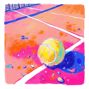 A close-up view of a tennis court features a rough clay surface texture. The clay is a rich terracotta color, with small particles creating an uneven but consistent texture. There are distinct lines marking the court, including the baseline and service boxes, which contrast with the clay. Scattered on the surface are small traces of tennis shoe imprints and debris, such as tiny pebbles and bits of grass. Sunlight casts soft shadows across the court, highlighting the texture and depth of the clay.