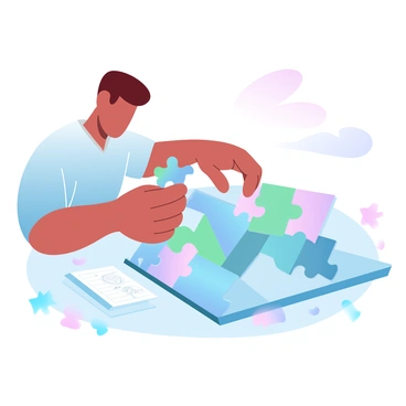A student is sitting at a table with a large jigsaw puzzle spread out in front of them. The puzzle pieces are colorful and varied, depicting an abstract landscape. The student, wearing a casual shirt, is focusing intently on the puzzle, holding a piece in their hand as they search for the right spot to fit it in. Scattered around the table are a few other puzzle pieces and a notebook with notes and diagrams. A light source casts soft shadows, enhancing the vibrant colors of the puzzle pieces.