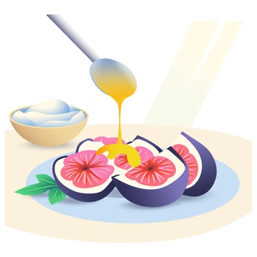 A shiny silver spoon is drizzling golden honey over several sliced figs on a breakfast table. The figs are arranged neatly, revealing their deep purple skin and vibrant pink insides. The breakfast table is adorned with a light beige tablecloth, and delicate morning light is illuminating the scene. In the background, there is a small ceramic dish filled with Greek yogurt, adding a creamy contrast to the vibrant colors of the figs. A sprig of mint is placed next to the figs, enhancing the fresh appearance of the meal.
