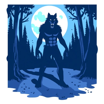 A tall werewolf stands in a clearing, bathed in the light of a glowing full moon. Its body is mid-transformation, with one arm elongated and covered in dark fur while the other remains human-like. Muscles ripple under the skin as the werewolf's face contorts, revealing sharp fangs and glowing eyes. The moonlight casts dramatic shadows across the forest, highlighting the werewolf's fierce expression. Surrounding the werewolf, tall trees loom, their branches silhouetted against the night sky. The atmosphere is tense, capturing the raw power of the transformation.