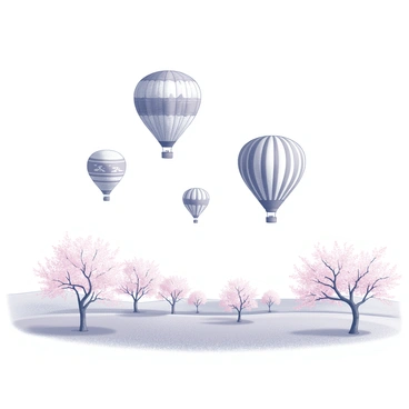Several hot air balloons are hovering above a vast field filled with blooming cherry blossom trees. The balloons are varied in size and shape, each with distinct patterns and designs that create a striking visual display against the sky. Below, the cherry blossom trees are laden with delicate pink flowers, their branches swaying gently in the breeze. The field stretches into the distance, with a scattering of blossoms creating a soft, textured landscape. The overall scene conveys a sense of tranquility and natural beauty.