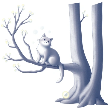 A fluffy cat sitting on a tree branch. The cat has soft fur and is looking curiously at its surroundings. The tree branch is thick and sturdy, extending from a tall, leafy tree. Surrounding the branch are several small, ethereal forest spirits, appearing as delicate, glowing orbs of light. The mystical forest features tall, slender trees with intricate bark and a ground covered in soft moss. The atmosphere is filled with a sense of enchantment and wonder.