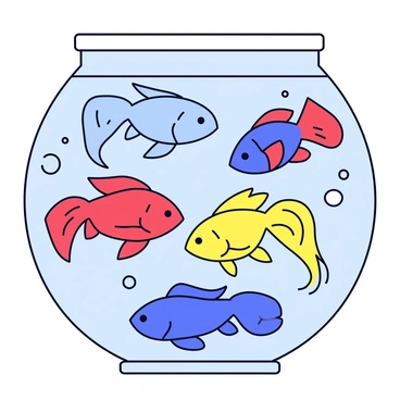 A group of betta fish with vibrant colors, including shades of blue, red, and yellow, swimming together. Each fish has long flowing fins that ripple gracefully in the water. The fish are arranged in a circular formation, showcasing their beautiful tails. The water is clear, allowing for a view of the fish as they dart playfully around each other. There are small bubbles rising from the bottom of the tank, adding to the lively scene.