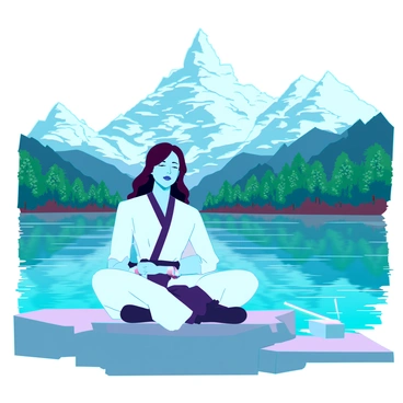 A Jedi wearing a flowing robe made of light fabric sits cross-legged on a smooth stone at the edge of a crystal-clear lake. Their eyes are closed, and they have a calm expression on their face, embodying focus and serenity. The lake reflects the blue sky and the majestic mountains that rise sharply in the background, their peaks dusted with snow. Lush green trees line the shore, casting dappled shadows on the water's surface. The air is still, creating a sense of peaceful solitude, while soft ripples in the water hint at a gentle breeze. The Jedi’s lightsaber lies peacefully beside them, its hilt gleaming subtly in the sunlight.