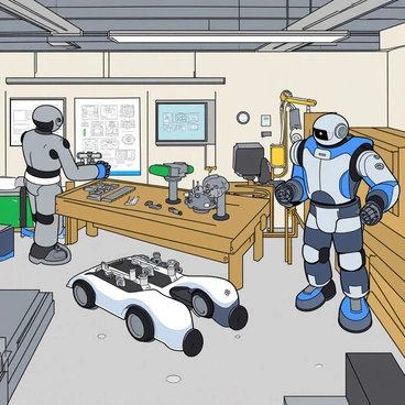 A bright futuristic workshop filled with various robots and gadgets actively working. In one corner, a tall humanoid robot with shiny silver plating is assembling small electronic parts on a workbench. Nearby, a round, compact robot with large expressive eyes is maneuvering around, carrying several tools in its arms. The workspace is cluttered with various gadgets like robotic arms, glowing wires, and screens displaying blueprints. Construction materials, such as metal beams and circuits, are scattered throughout the room. The walls are adorned with shelves holding additional tools and gadgets, while soft overhead lights illuminate the bustling scene.