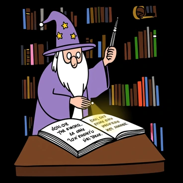 A character resembling a wise old wizard with long white hair and a long beard is standing in a dimly lit library filled with towering bookshelves. He is wearing a purple robe adorned with stars and crescent moons. The wizard holds a wand in his right hand, and with the tip of his wand, he is gently touching an open book on a wooden table. The book emits a soft, glowing light where the wand touches, revealing intricate, flowing script that illuminates the surrounding area. The wizard has a look of concentration and curiosity on his face as he uncovers the hidden message.