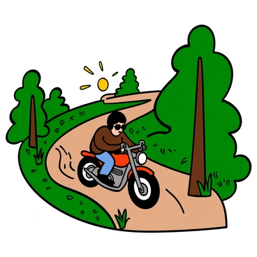 A motorcyclist with light skin and short black hair is riding a sleek motorcycle down a winding trail, surrounded by lush green trees and plants. The motorcyclist is wearing dark tinted glasses and a black helmet. The sun filters through the leaves, casting dappled light on the ground, and the motorcycle kicks up a small cloud of dust as it moves swiftly along the path. The scene conveys a sense of adventure and freedom amidst nature.
