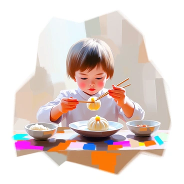 A young child with light brown hair and bright eyes is sitting at a wooden table. The child is focused intently on picking up a dumpling with a pair of simple wooden chopsticks. The dumpling is plump and steaming, resting on a small white plate placed in front of the child. The table has a colorful tablecloth, and there are other dishes around, including a bowl of rice and a small dish of sauce. The child's expression shows concentration and determination as they practice their dining skills.
