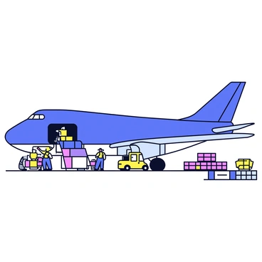 A large cargo plane with a bright blue fuselage is parked on a tarmac. The cargo doors are open, revealing a spacious interior filled with various crates and containers. A few workers in safety vests are actively loading more crates into the plane using a forklift. Nearby, additional crates and containers are stacked neatly on the tarmac, showcasing different sizes and colors. The sky is clear, allowing ample sunlight to illuminate the scene.