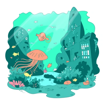 A teal underwater cityscape features futuristic buildings with flowing, organic shapes and bright windows. Schools of colorful fish swim through the scene, with a large orange jellyfish gracefully floating nearby. Coral structures adorned with various sea plants surround the city, adding to the vibrant ecosystem. Rays of light filter down from the surface, illuminating the structures and creating a magical ambiance. The illustration board has a textured surface that enhances the depth and detail of this imaginative underwater world.