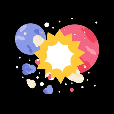 Two planets, one blue and one red, are shown in the foreground, colliding in space. A massive explosion occurs at the point of impact, creating a bright burst of white and yellow light. Debris and fragments are scattered in all directions, including large asteroid pieces and glowing gas clouds. Stars twinkle in the deep black background of space, providing a stark contrast to the vivid colors of the planets and the explosion.