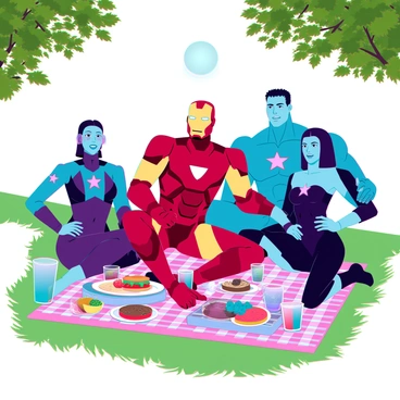 Ironman, wearing his iconic red and gold suit, is seated on a checkered picnic blanket spread on lush green grass. He is smiling, with his helmet lifted to reveal his face. Surrounding him are several superhero friends, including a muscular figure in a blue costume with a star emblem and a woman in a sleek black outfit with a silver emblem on her chest. The picnic spread includes vibrant fruits, sandwiches, and drinks in colorful containers. The sun shines brightly overhead, casting warm light over the scene, and there are trees in the background with leaves rustling gently in the breeze. The atmosphere is lively and cheerful, embodying a moment of camaraderie among superheroes.