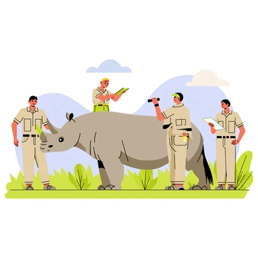 A group of wildlife conservationists dressed in khaki outfits are gathered in a lush green landscape, focusing on protecting rhinos. One conservationist is gently applying a tracking collar to a large rhino, which has grey skin and a prominent horn. Another conservationist is taking notes on a clipboard, while a third is standing nearby with binoculars, surveying the area for any signs of poachers. Surrounding them are tall grasses and scattered trees, creating a natural habitat for the rhino. In the background, a bright blue sky is visible, with a few fluffy white clouds. The scene emphasizes the teamwork and dedication involved in the conservation efforts.