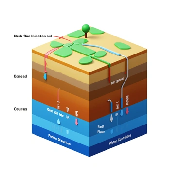 A cutaway diagram displaying the underground layers impacted by fracking. The diagram includes various layers of the earth's crust, such as soil, rock formations, and aquifers. Each layer is labeled clearly, indicating its name, depth, and composition. The fracking process is illustrated with arrows, showing the direction of fluid injection. Gas and oil pockets are represented, demonstrating their location within the layers. The diagram also highlights any fault lines and water sources that may be contaminated by the fracking process. The overall structure is presented in a clear and informative manner.