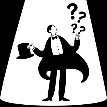 A magician stands in a spotlight, dressed in a classic black tuxedo with a bow tie. He is holding a top hat with one hand and is in the act of pulling out multiple question-mark shaped objects from the hat with the other hand. The scene captures the moment with a dramatic display, emphasizing the flowing fabric of the magician's cape and the dynamic posture of his stance. The question-mark objects appear to be floating in the air around him as he reveals them, adding a sense of wonder to the composition.