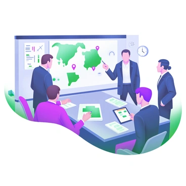 A modern pastel illustration depicting a briefing room filled with agents in professional attire. The agents are diverse in appearance, with some standing and others seated around a large, rectangular table. They are intently focused on a large map displayed on the wall, which highlights various locations with markers. Several agents are pointing at different areas on the map while others take notes on tablets and papers. Soft lighting illuminates the room, creating a collaborative atmosphere. A whiteboard in the background features diagrams and strategy notes, while a clock on the wall indicates the passing time.