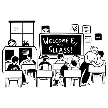 A classroom filled with desks arranged in rows, with cartoon-style students seated, actively participating in the lesson. Each student has a unique hairstyle and is engaged with their notebooks. In the front, a teacher is standing beside a large chalkboard, writing "Welcome to Class!" in bold letters. Above the teacher, colorful educational posters are hanging on the walls. A window can be seen at the back, with a few plants placed on the sill. A globe is positioned on a corner of the teacher's desk.