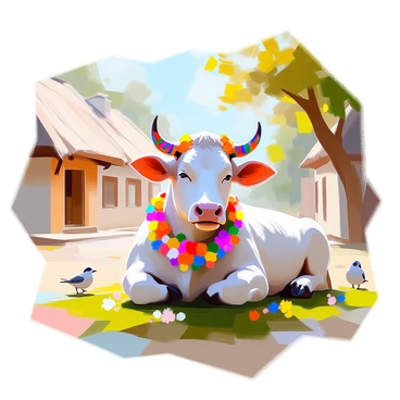 A peaceful cow with a gentle expression is resting on a patch of green grass in a village setting. The cow is adorned with colorful garlands made of vibrant flowers draped around its neck. Its horns are painted in intricate patterns, showcasing bright colors that stand out against its natural coat. The background features quaint village houses with thatched roofs and lush greenery, creating a tranquil atmosphere. Sunlight filters through the trees, casting soft shadows on the ground, and a few birds can be seen perched nearby, adding to the serene scene.