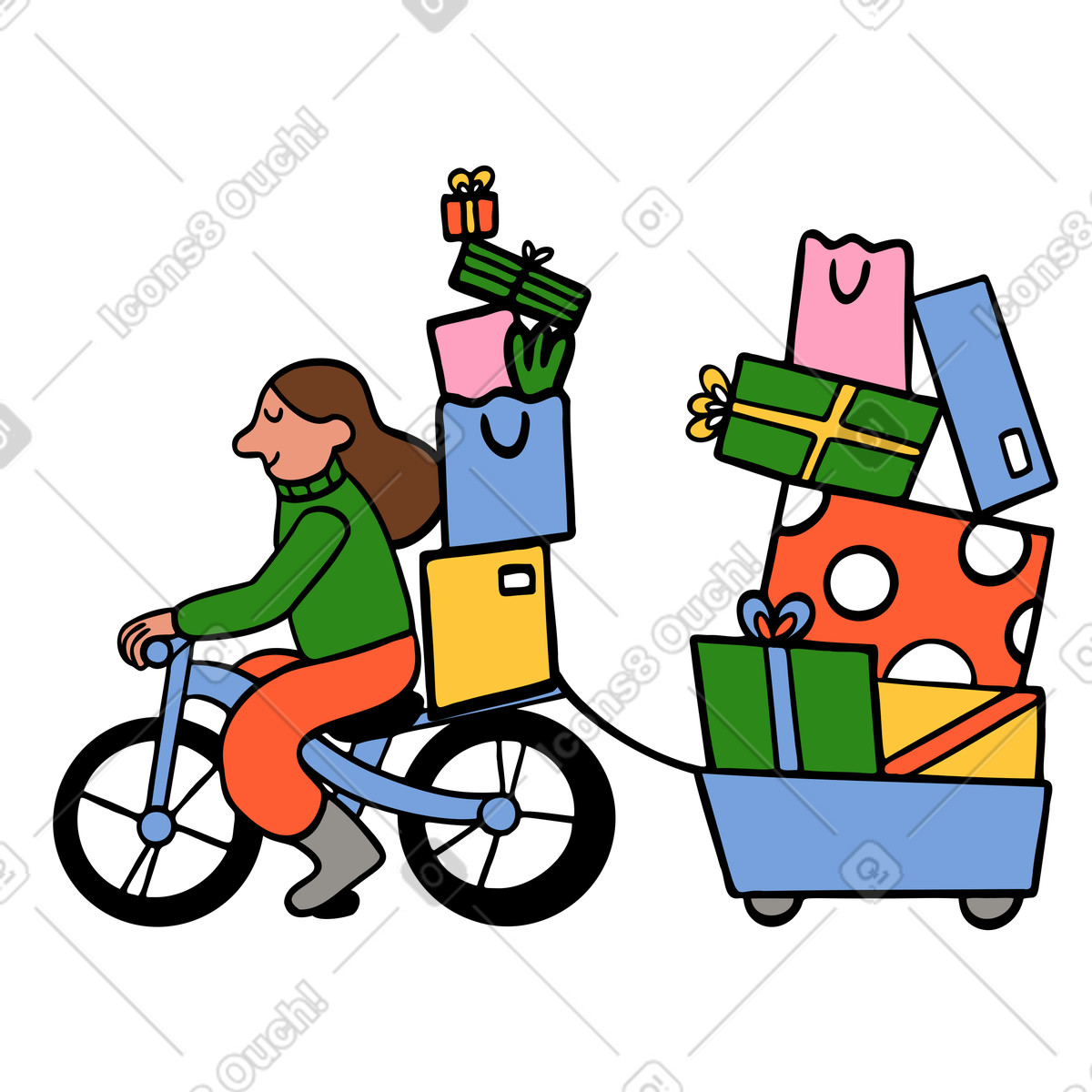 Illustration Une femme fait du vélo avec des sacs de courses après les soldes black friday dans le style Comic à télécharger aux formats PNG, SVG