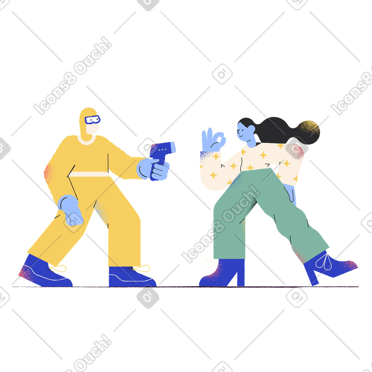 Man in chemical protective suit measuring woman's temperature illustration Pablo style download PNG, SVG