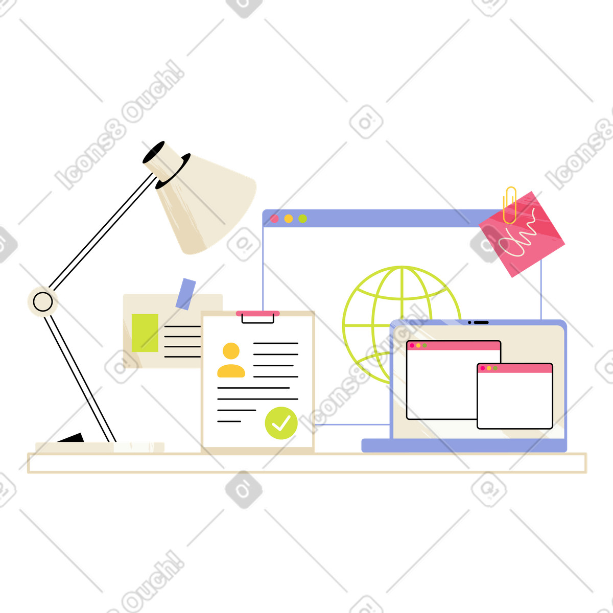 Scrivania del direttore delle risorse umane con laptop e cv illustrazione in stile Juicy scarica in PNG, SVG