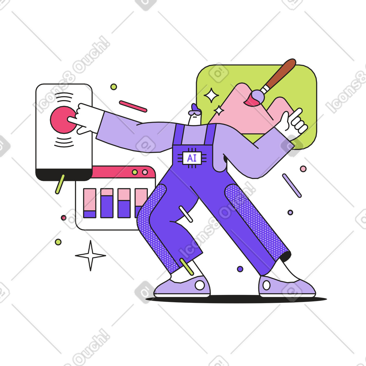Illustration animée Artificial Intelligence powers sound, Data analysis and image neural network dans le style Dazzle à télécharger aux formats GIF, Lottie (JSON), AE